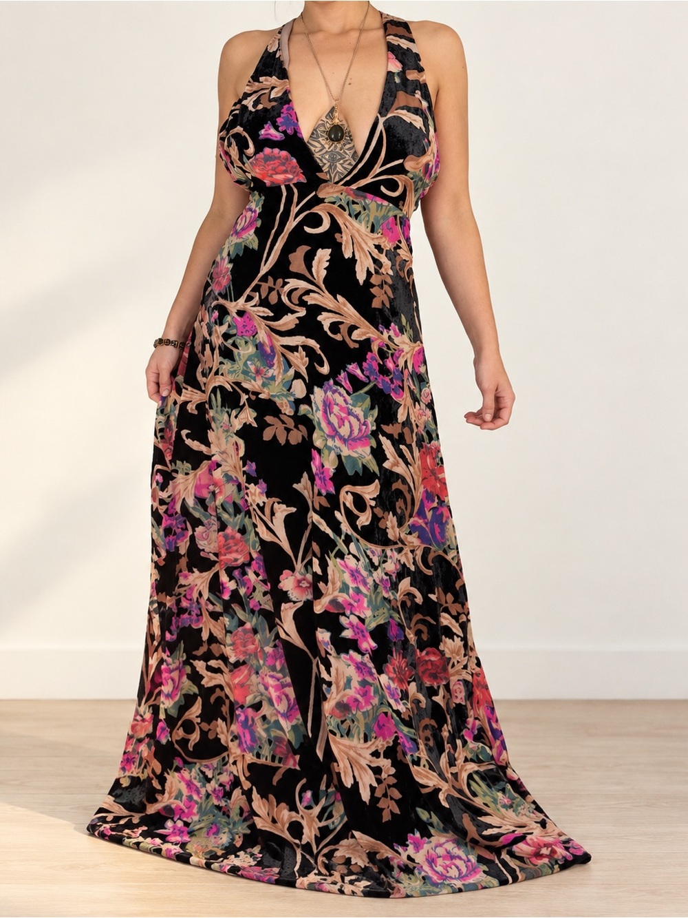 Nasty Gal Black Floral Halter Maxi Dress with Pink & Green Accents